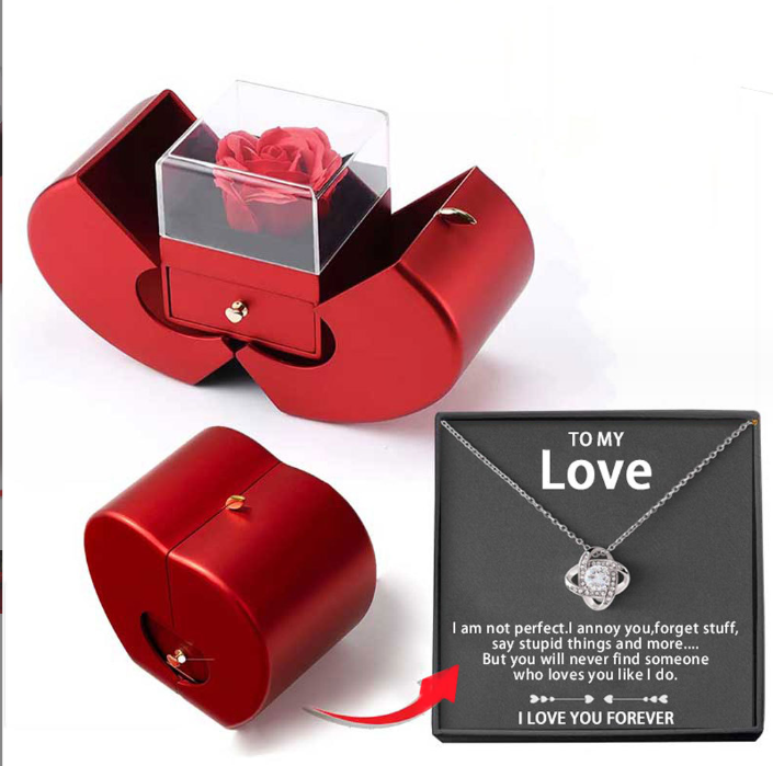 The open and the closed apple box next to the "To My Love" card with the silver-tone knot pendant